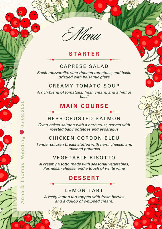Elegant Floral Berry Wedding Menu Canva template, red and green