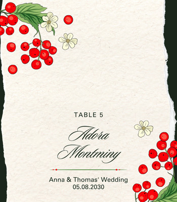 Floral Elegant Vintage Wedding Place Card Canva template, red and cream