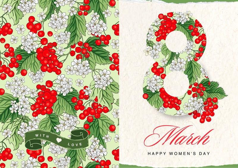 Illustration Floral Happy Women's Day Greeting Folded Card Canva template, green and red