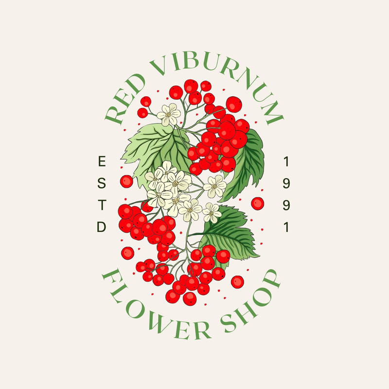 Vintage Elegant Viburnum Berry Flower Shop Logo Canva template, red and green