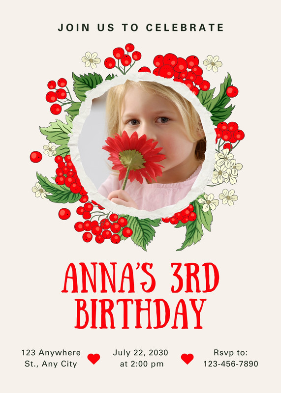Cute Floral Berry 3rd Birthday Invitation Canva template, red and green