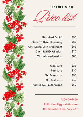 Elegant Beauty Salon Price List Flyer Canva template, red and cream
