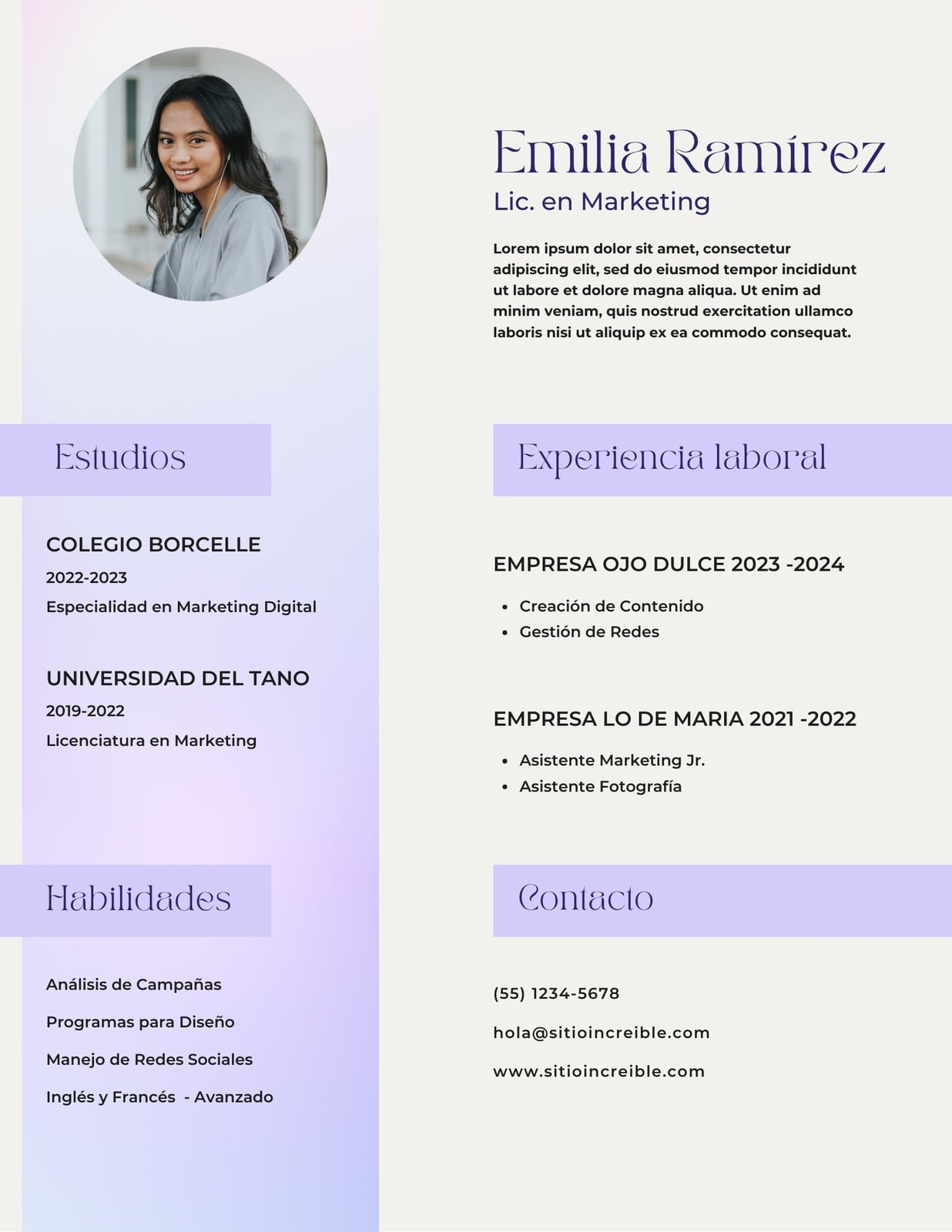 Curriculum Vitae Marketing Moderno Morado y Rosa