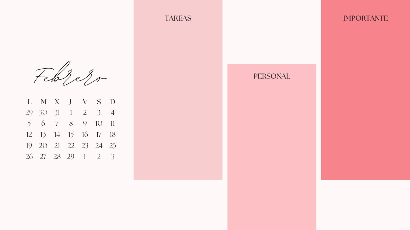 Fondo de pantalla ordenador organizador Febrero 2024 Minimalista Rosa