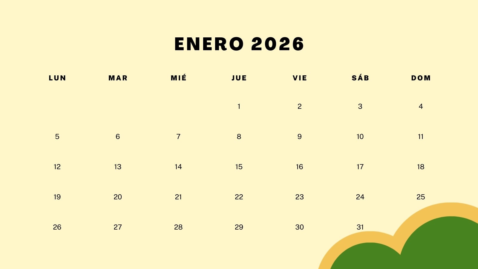 Calendario 2026 Enero Imprimible