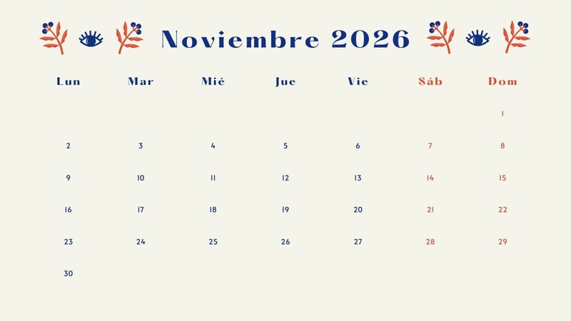 Calendarios de noviembre 2026 para imprimir - Plantillas | Canva
