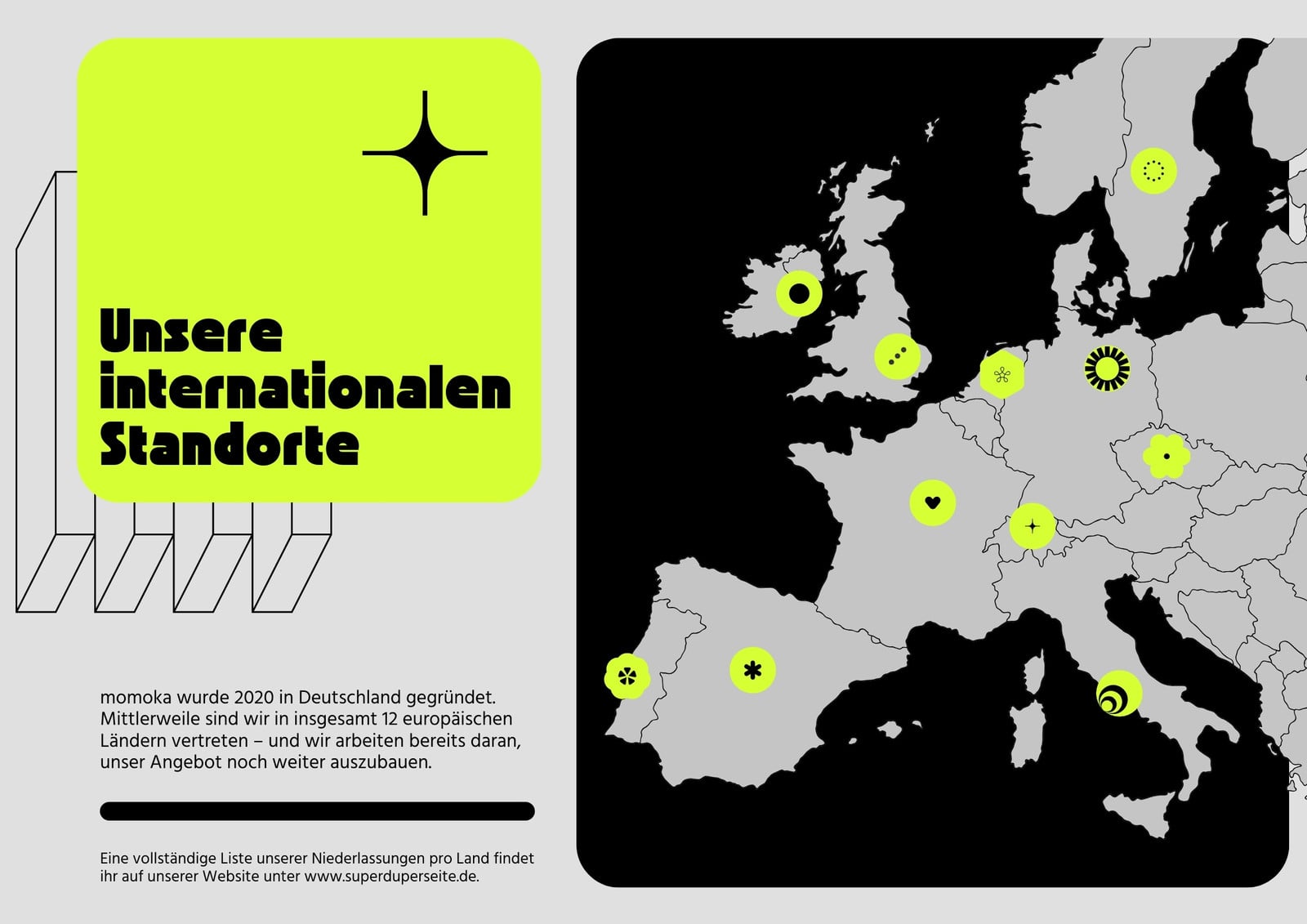 Infografik mit Europakarte in modernem Stil in Grau Neongelb Schwarz