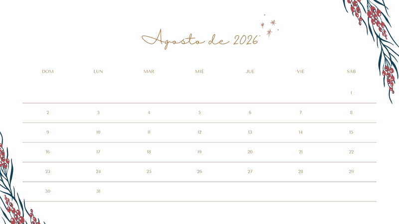 Calendarios de agosto 2026 para imprimir - Plantillas | Canva