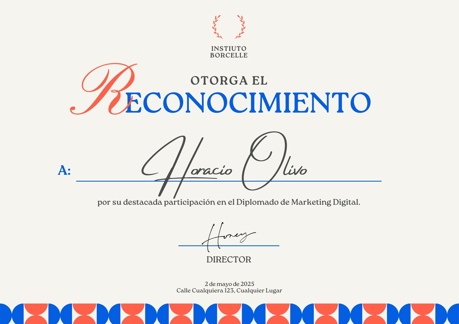 Certificado de Reconocimiento Moderno Azul y Naranja