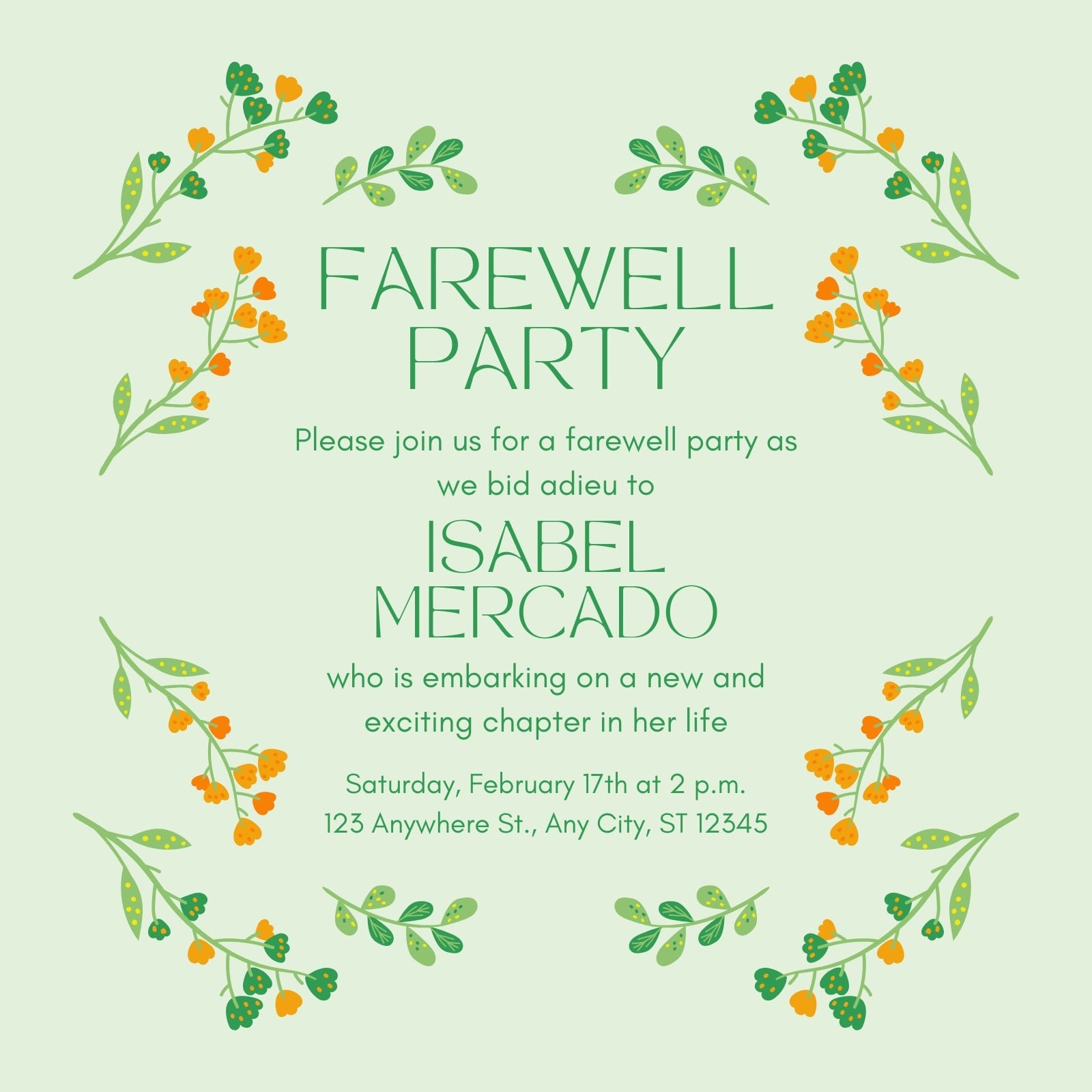Green Orange Yellow Floral Farewell Party Invitation Instagram Post