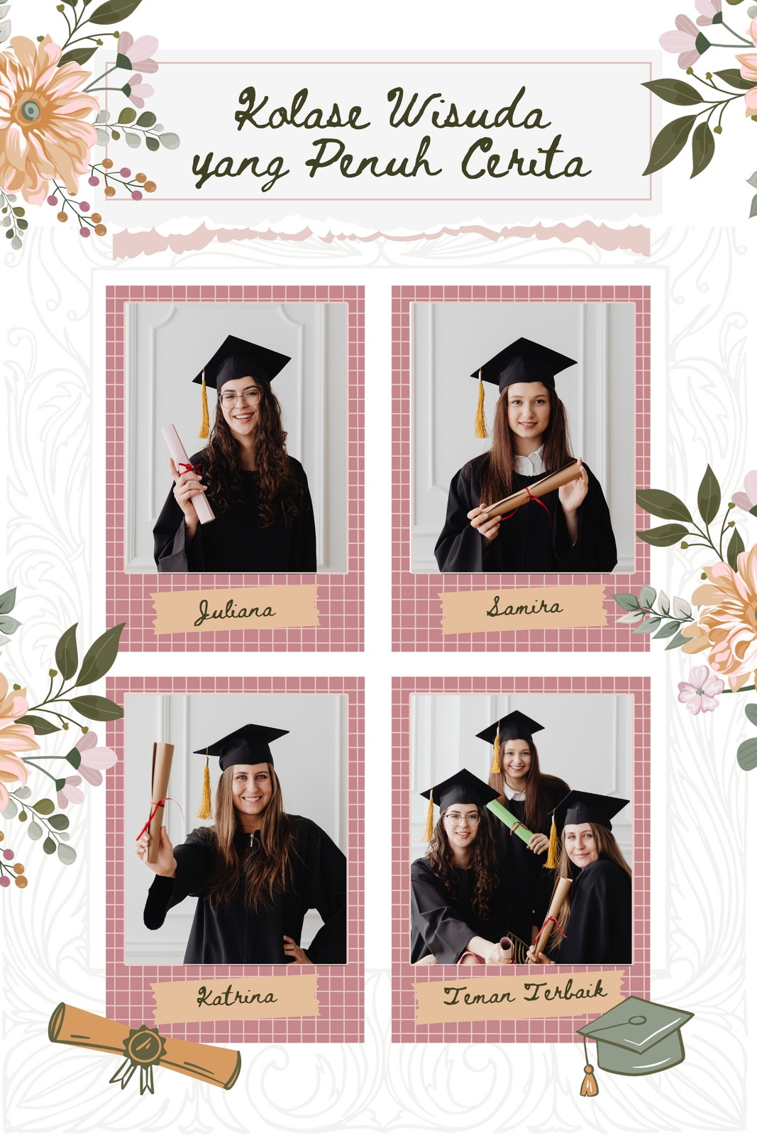 Putih Merah Muda dan Hijau Botanikal Wisuda Photo Collage
