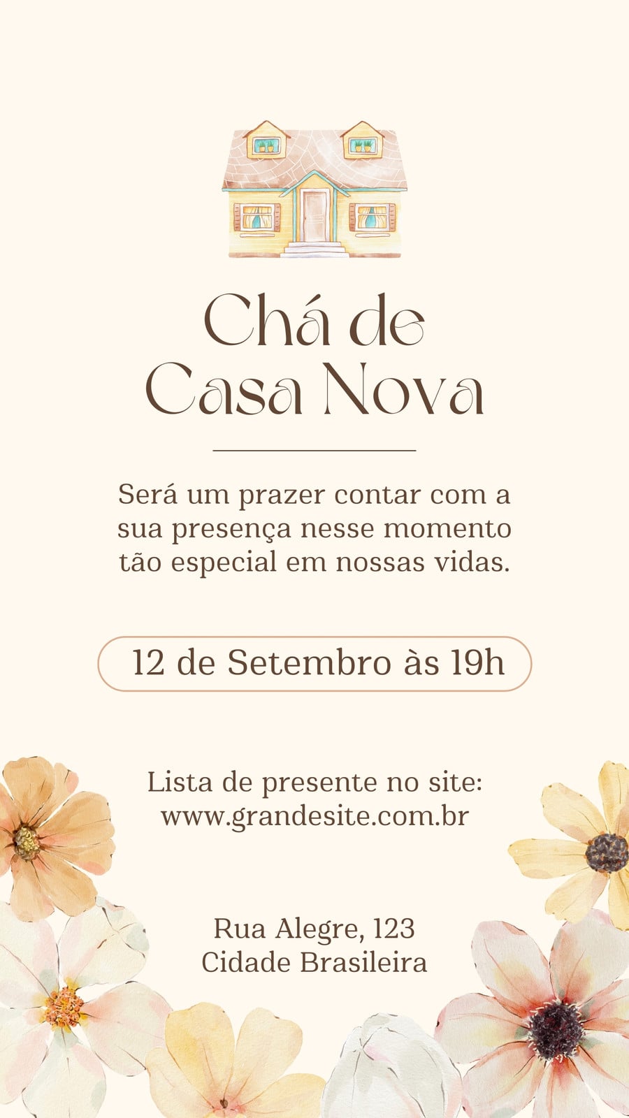 Story para instagram convite chá de casa nova floral delicado amarelo e marrom