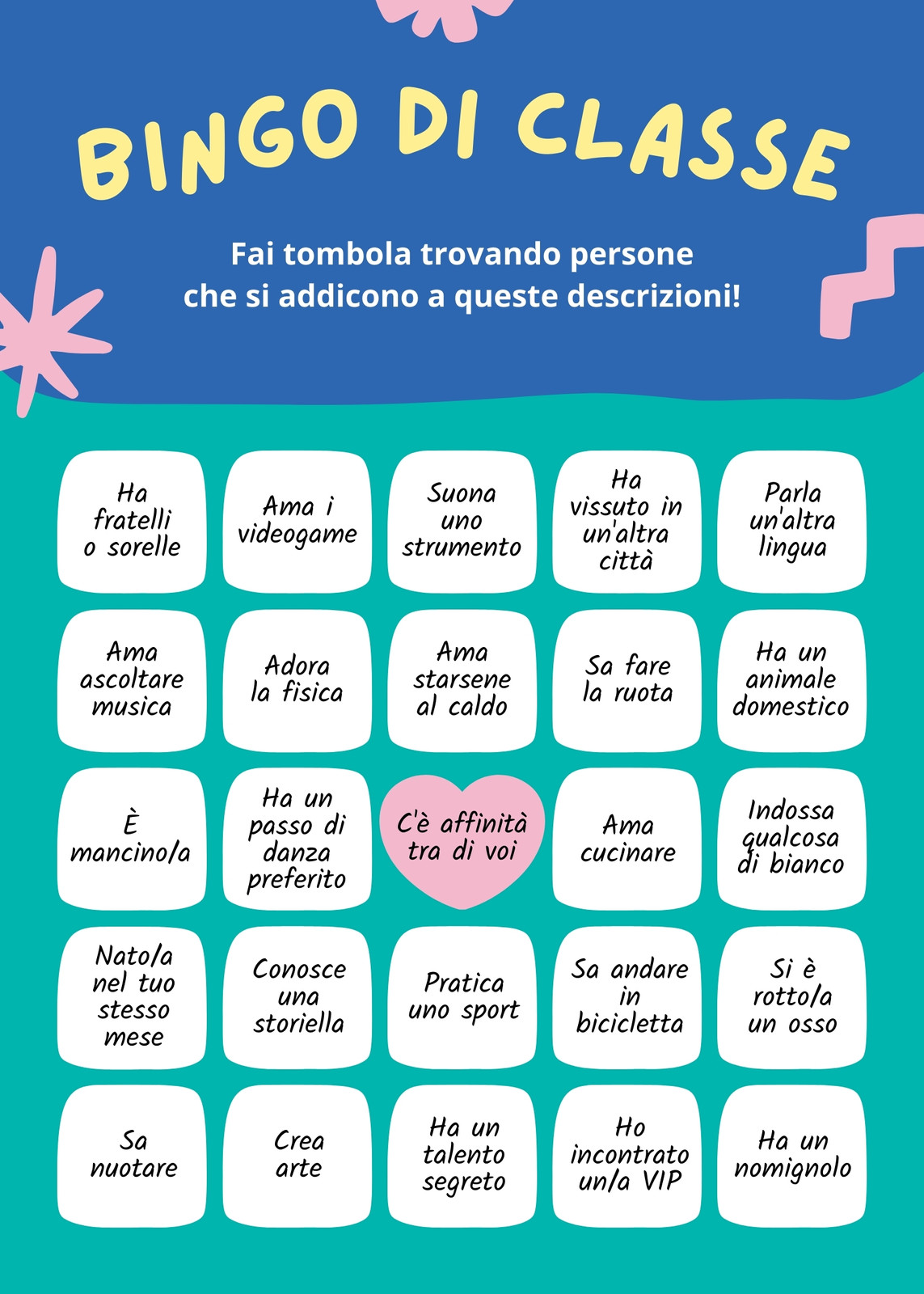 Verde Petrolio Blu Rosa Pastello Amicizia Scheda Tombola Verticale Bingo