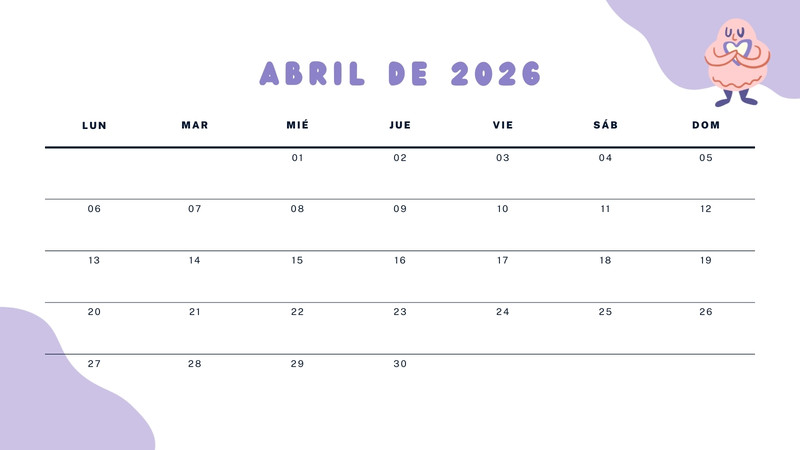 Calendarios de abril 2026 para imprimir | Canva