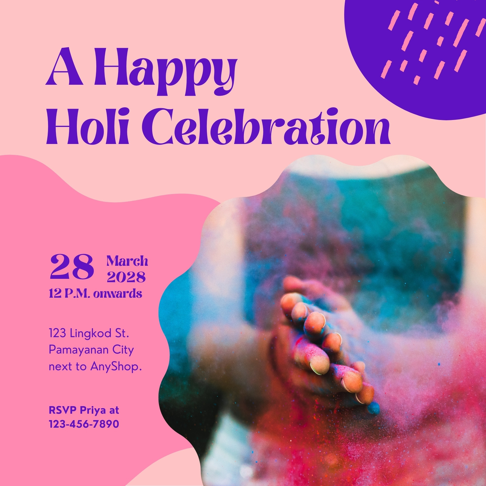 Pink and Purple Hands Freestyle Art Holi Festival Invitation Pink and Purple Hands Freestyle Art Holi Festival Invitation