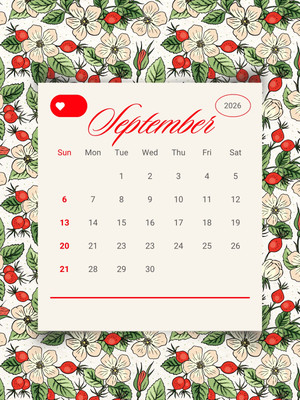 Cute Floral October 2026 September Autumn Calendar Instagram Post Canva template, red and green