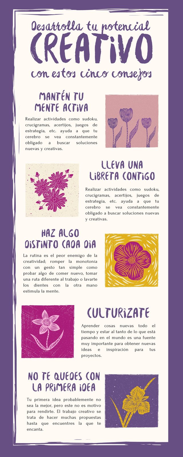 Infografía consejos creativos flores estampado ilustrado morado