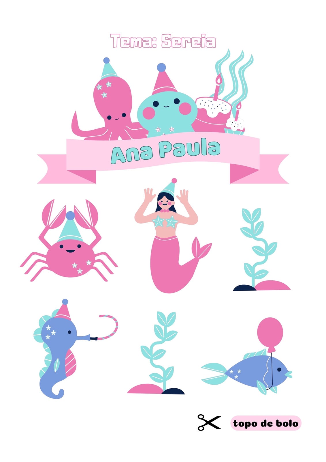 Documento A4 topo de bolo festivo sereia alegre ilustrativo rosa e azul