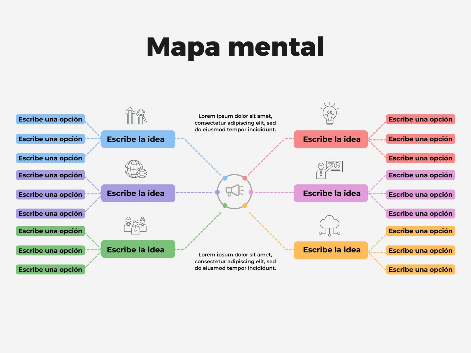 Gráfico de Mapa mental o conceptual en forma de árbol con Ideas principales y opciones secundarias multicolor con iconos