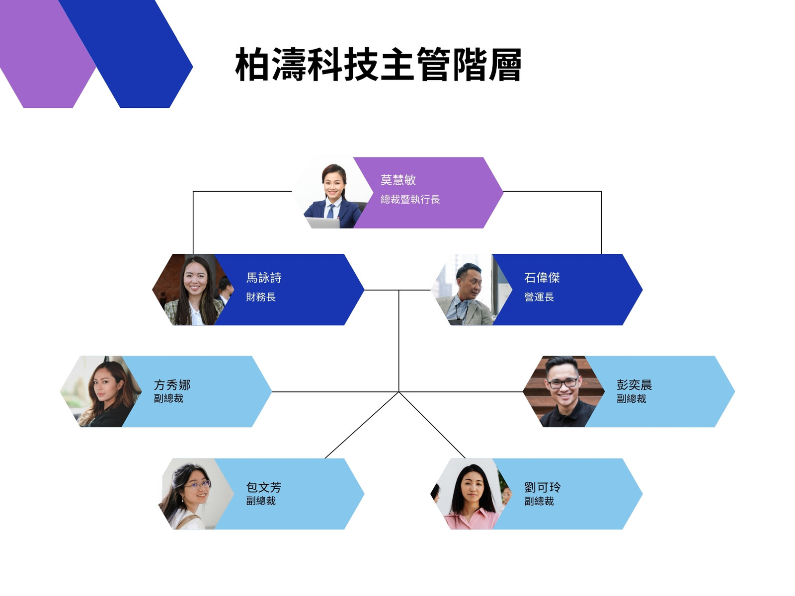 藍色與紫色休閒風格科技公司組織圖
