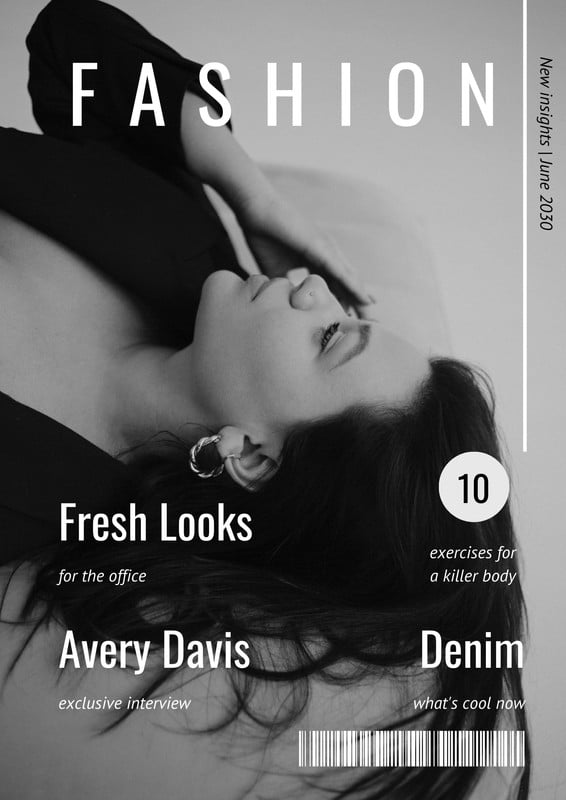 Fashion Woman Magazine Cover Canva template, black and white