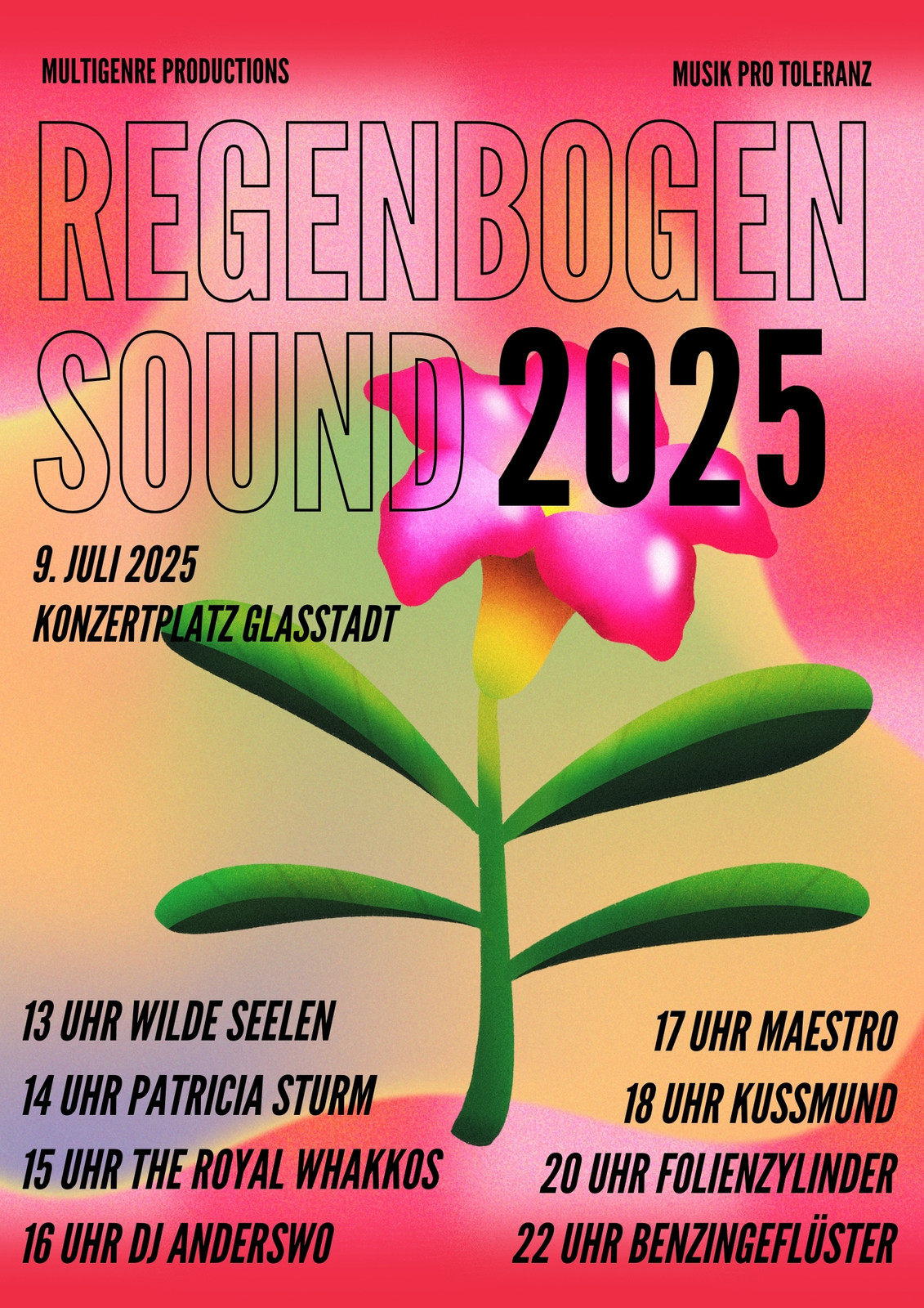 Rot-gelb-bunter Flyer mit Illustrationen Festival Regenbogen Sound Rot-gelb-bunter Flyer mit Illustrationen Festival Regenbogen Sound