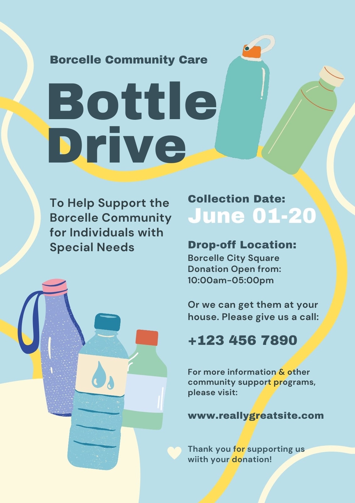 Blue & White Illustrative Bottle Drive Flyer