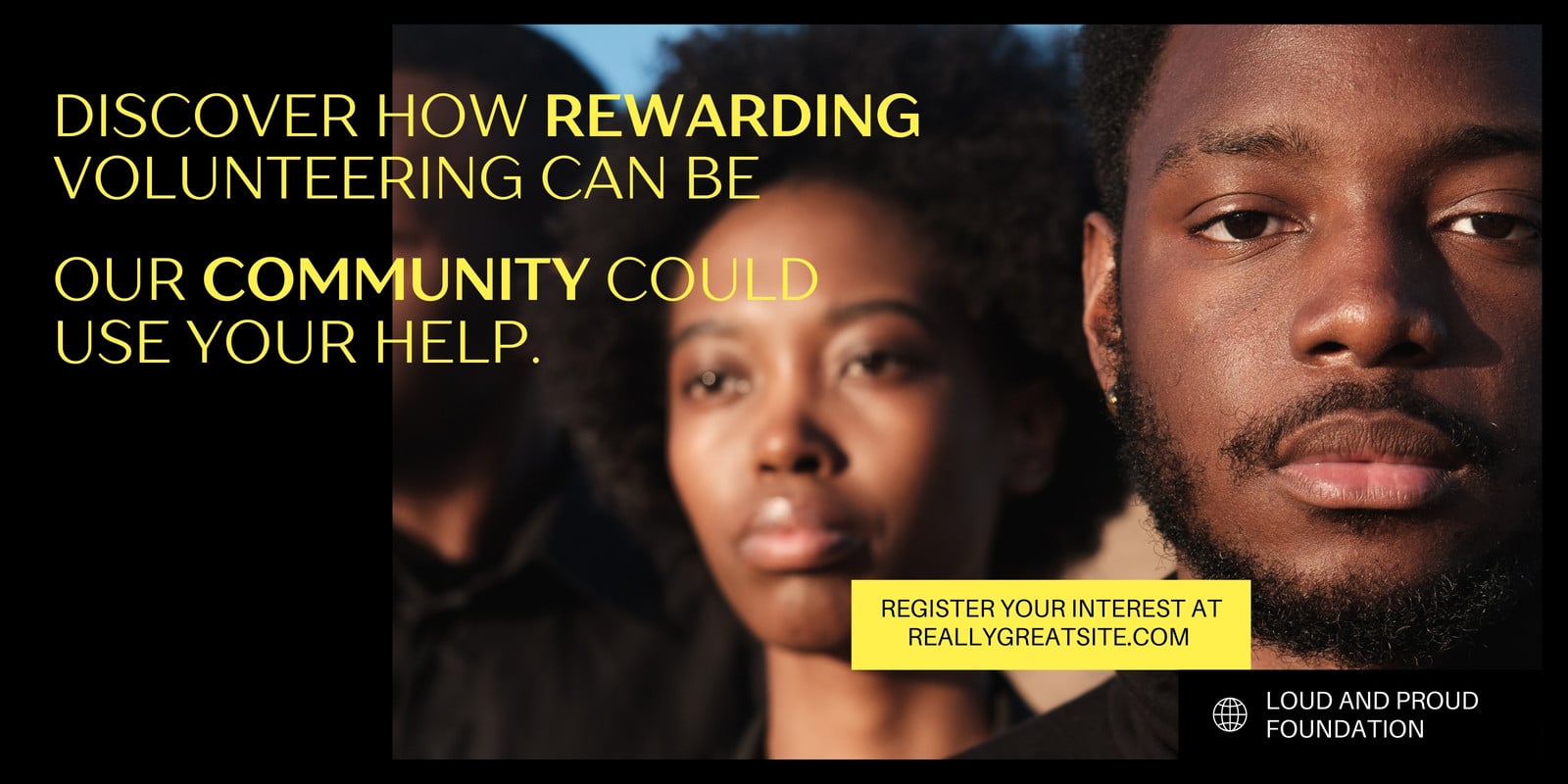 Black Yellow White Photocentric Gain Volunteers/ Raise Funds Banner