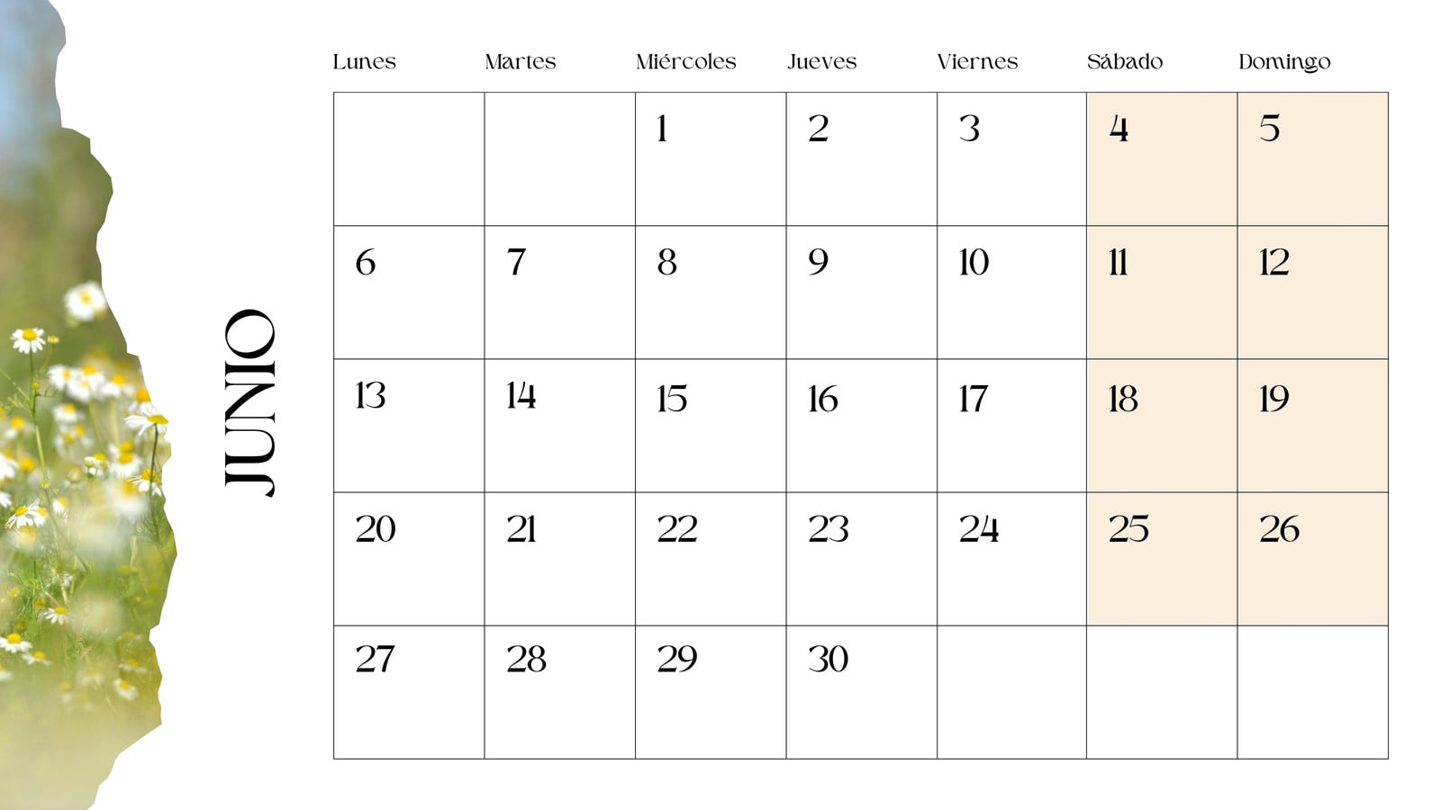 Calendario de Junio minimalista en color blanco y amarillo