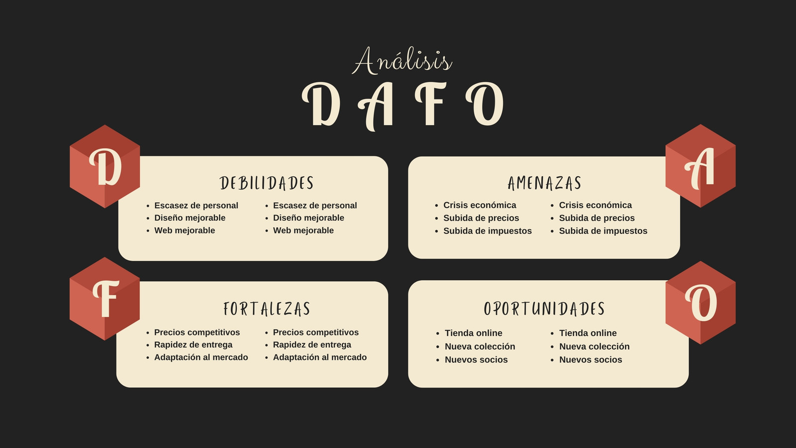 A4 Horizantal Análisis DAFO FODA Moderno negro y beige