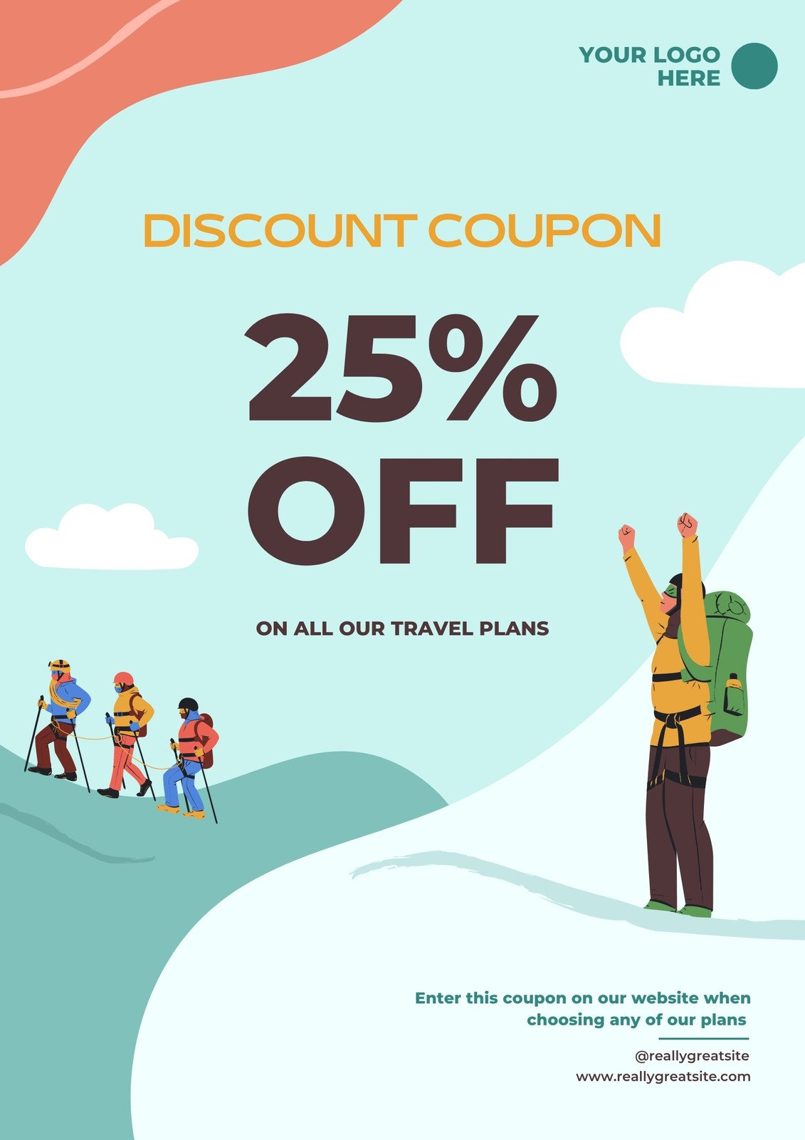 Yellow Turquoise Orange Modern Simple Promotions Deals Travel Agency A4 Printable Coupon 