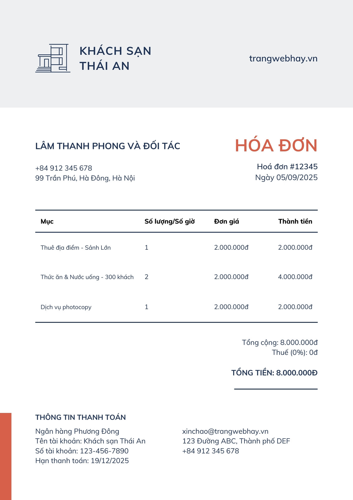 Mẫu hóa đơn khách sạn đỏ xanh dương Mẫu hóa đơn khách sạn đỏ xanh dương