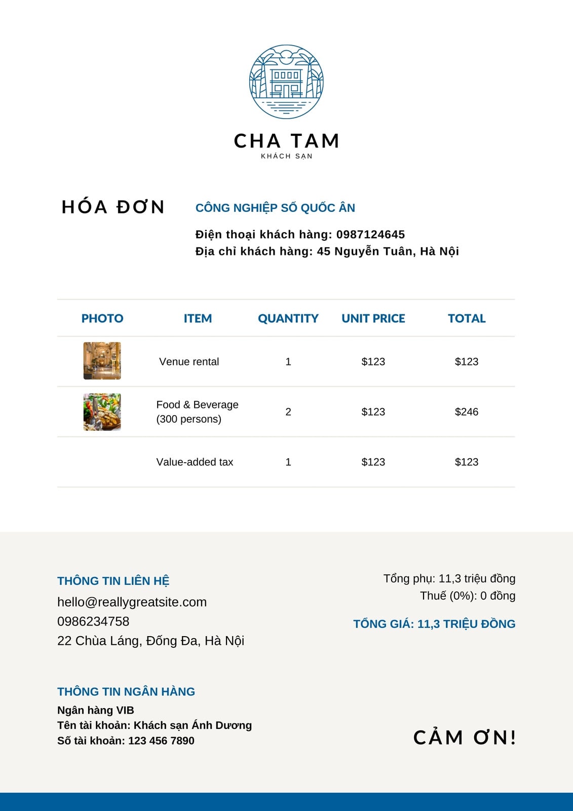 Hóa đơn Kinh doanh Khách sạn Công ty Màu be và Xanh dương Đơn giản