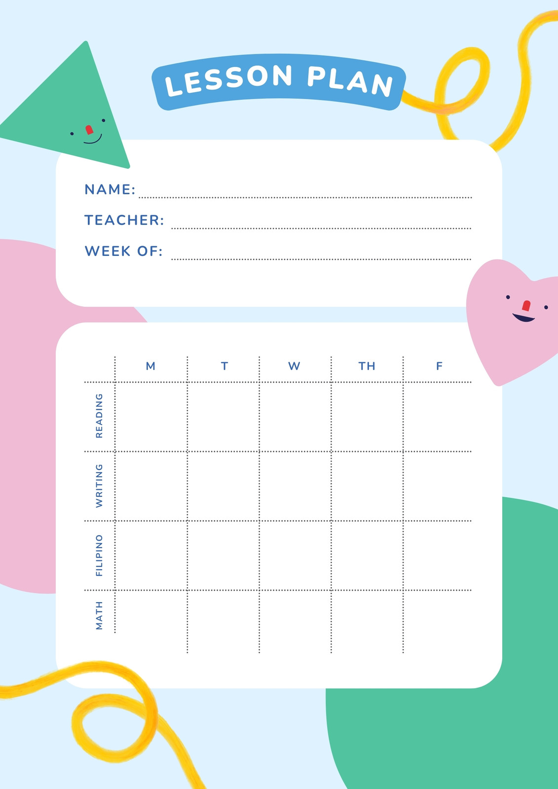 Light Blue, Pink and Green Playful Illustrative Kindergarten Weekly Lesson Plan Light Blue, Pink and Green Playful Illustrative Kindergarten Weekly Lesson Plan