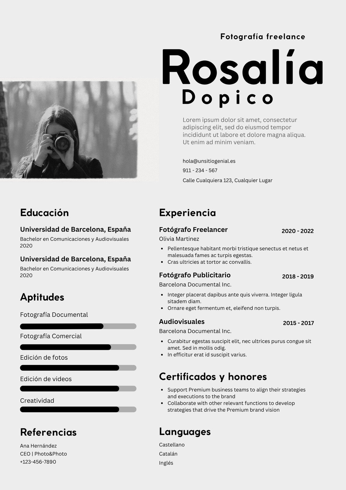Curriculum Autónomo Moderno Fotográfico Blanco y Negro