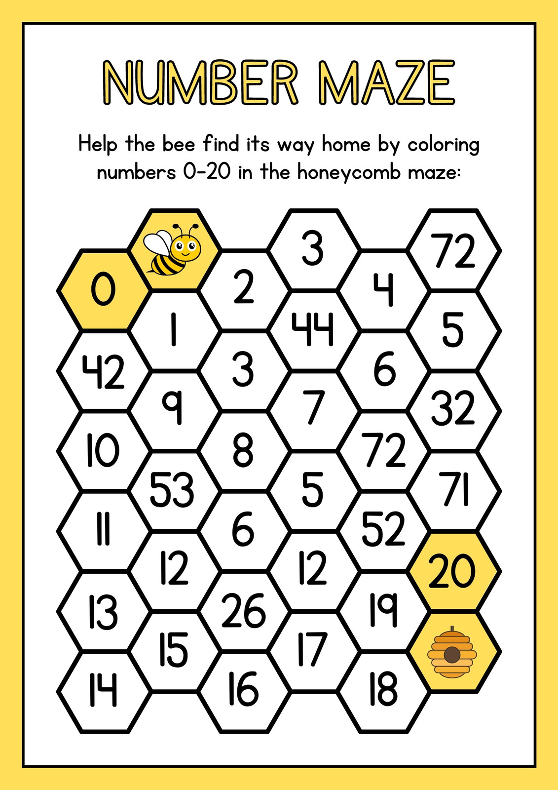 Numbers To 20 Honeycomb Maze Worksheet