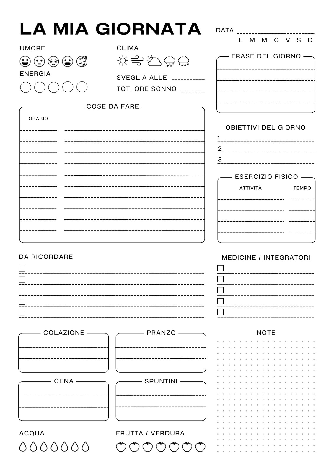 Planner Giornaliero La Mia Giornata Semplice Bianco Nero