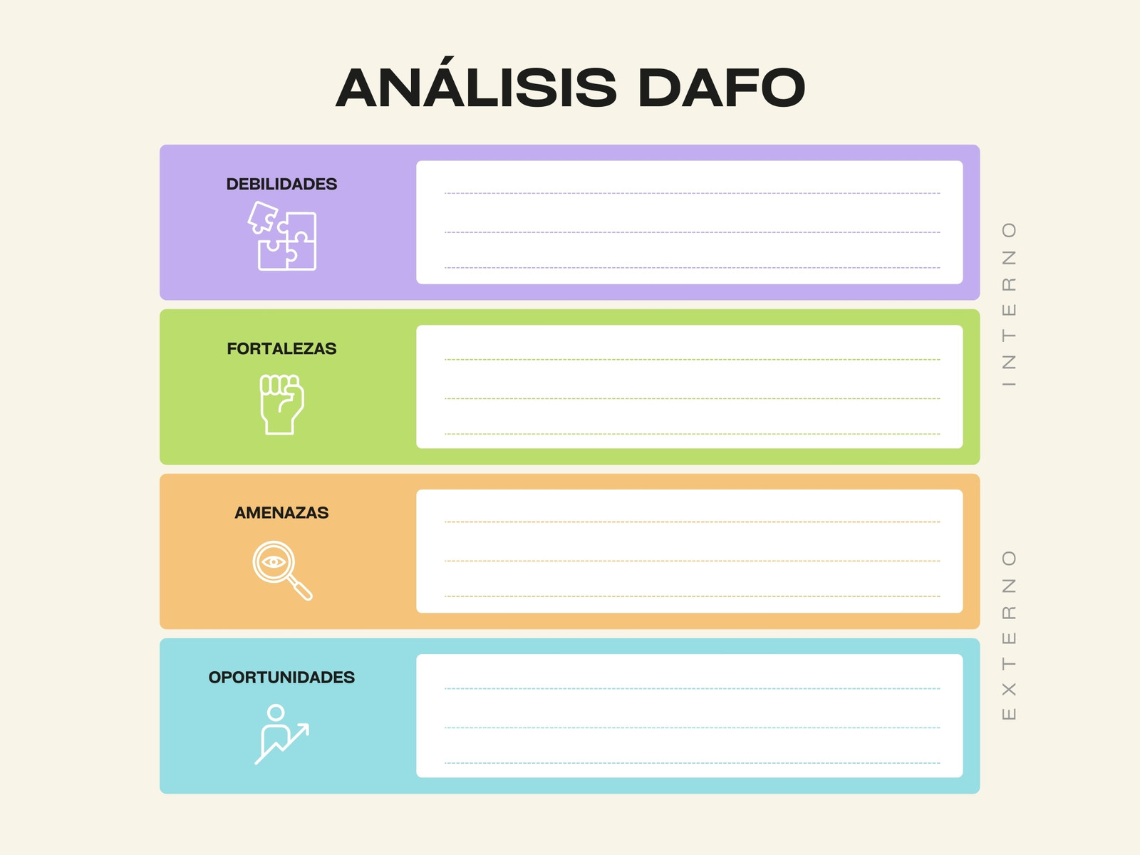 Gráfico Análisis DAFO FODA Simple con íconos Multicolor