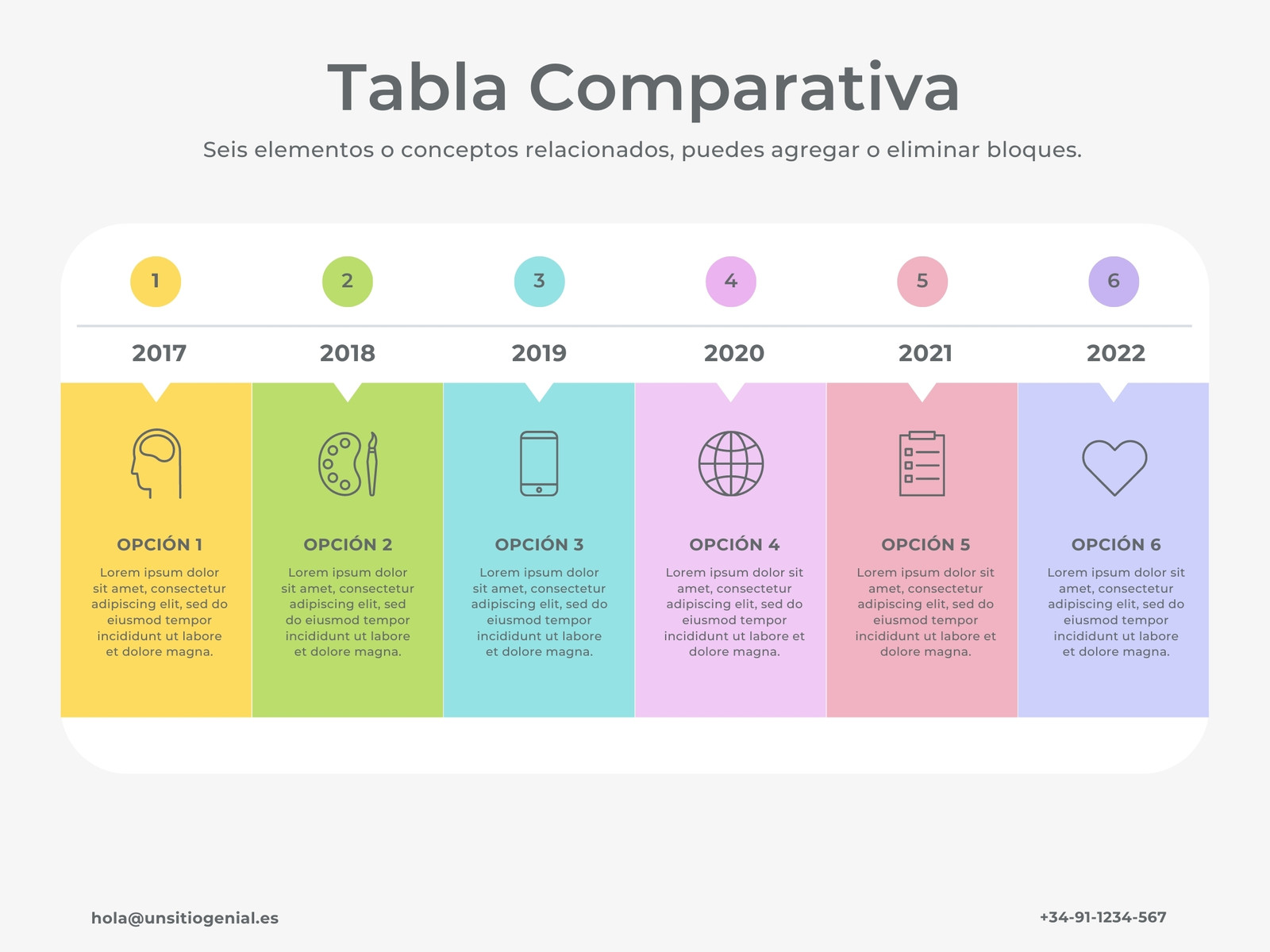 Gráfico de Tabla Comparativa Infografía de 6 bloques o Ideas Ordenado por años Multicolor moderno