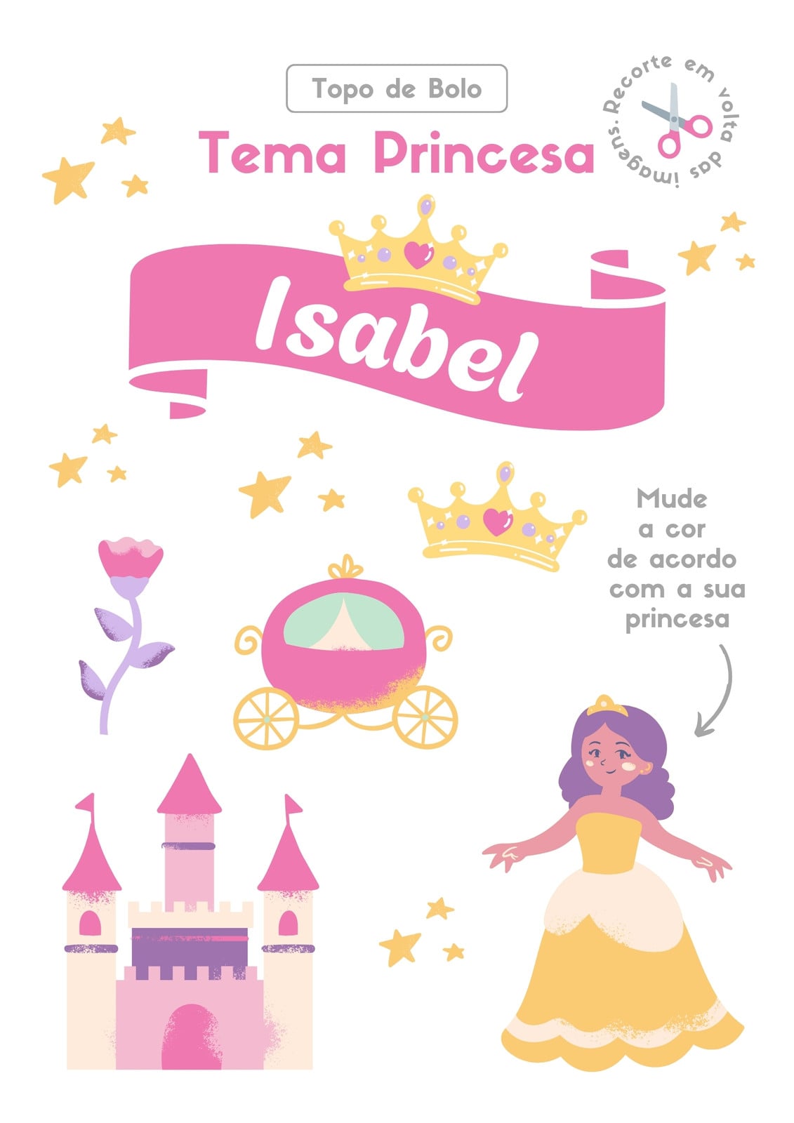 Topo de Bolo Tema Princesa para Impressão A4 Roxo e Rosa