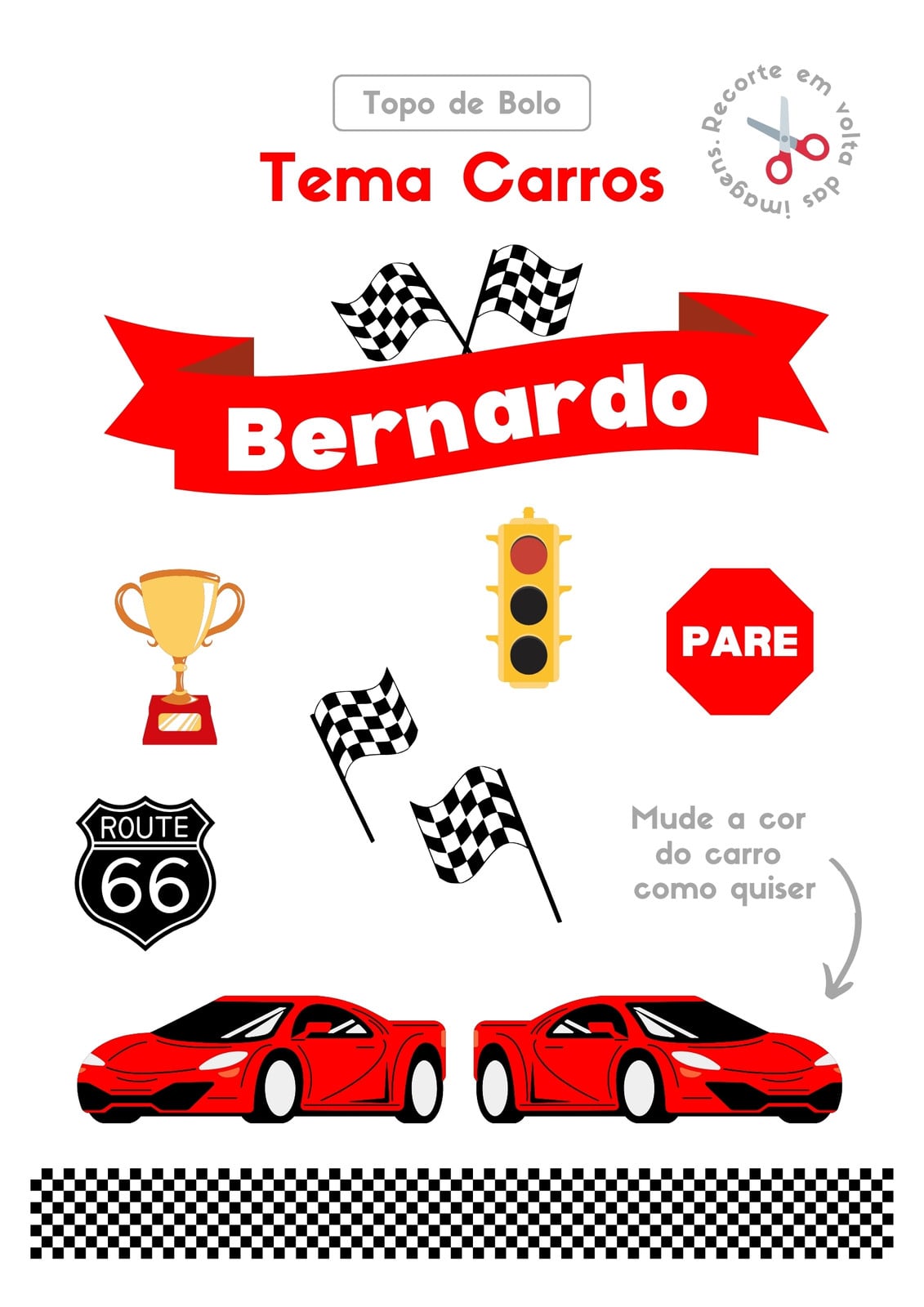 Topo de Bolo Tema Carros de Corrida para Impressão A4 Vermelho