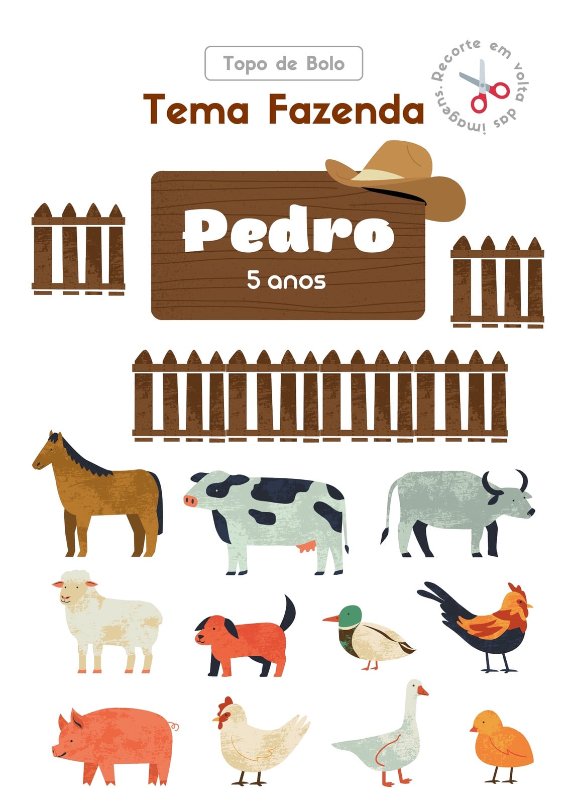 Topo de Bolo Tema Animais da Fazenda para Impressão A4