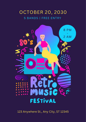 Illustrated Retro Music Festival Event Poster Canva template, purple