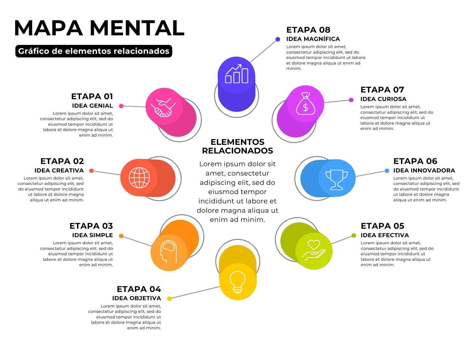 Gráfico de Elementos Relacionados de 8 Etapas con Variantes Clara y Oscura Moderno Multicolor
