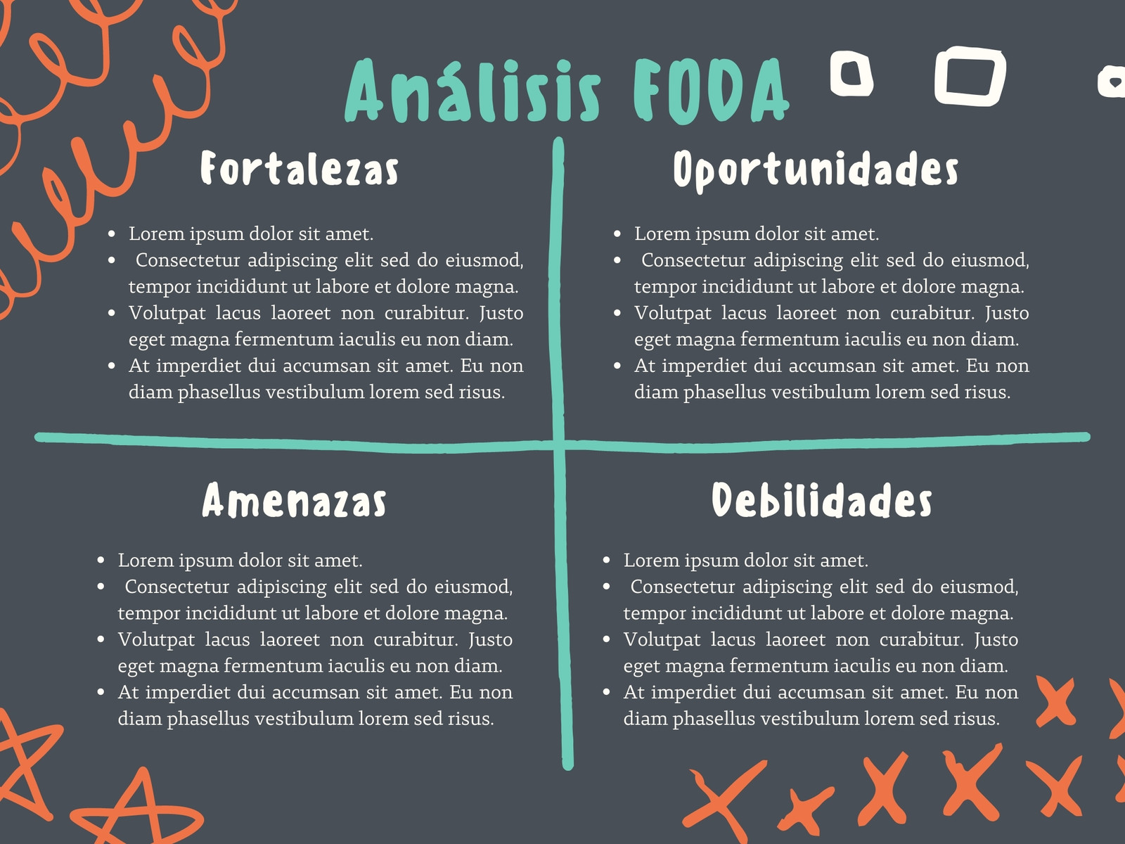 Grafico tabla análisis FODA dibujo doodle gis gris naranja y azul