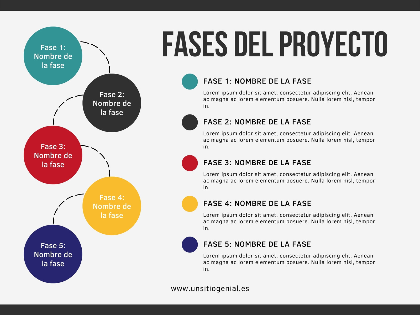 Gráfico Diagrama Circular de Fases del Proyecto Corporativo Moderno y Profesional Multicolor Blanco Negro Azul Rojo y Amarillo
