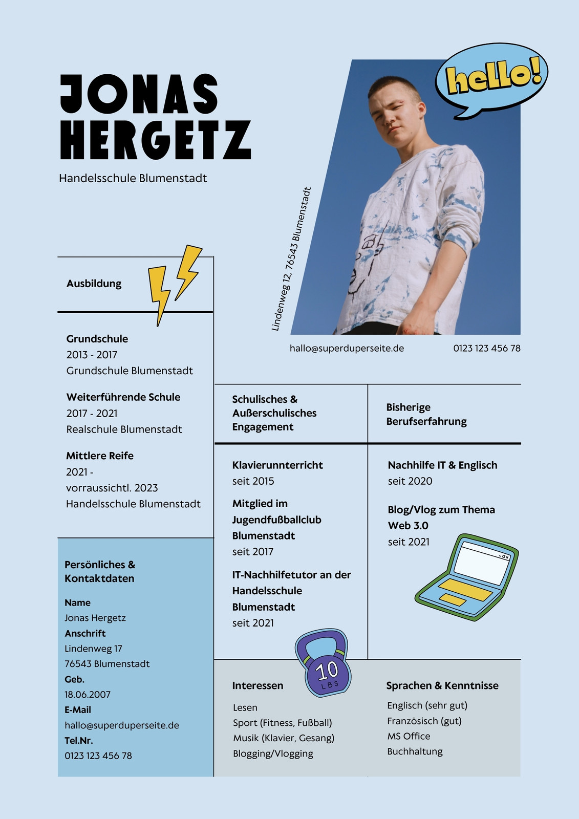 Blauschwarzer Lebenslauf mit Foto Schule Jonas Hergetz