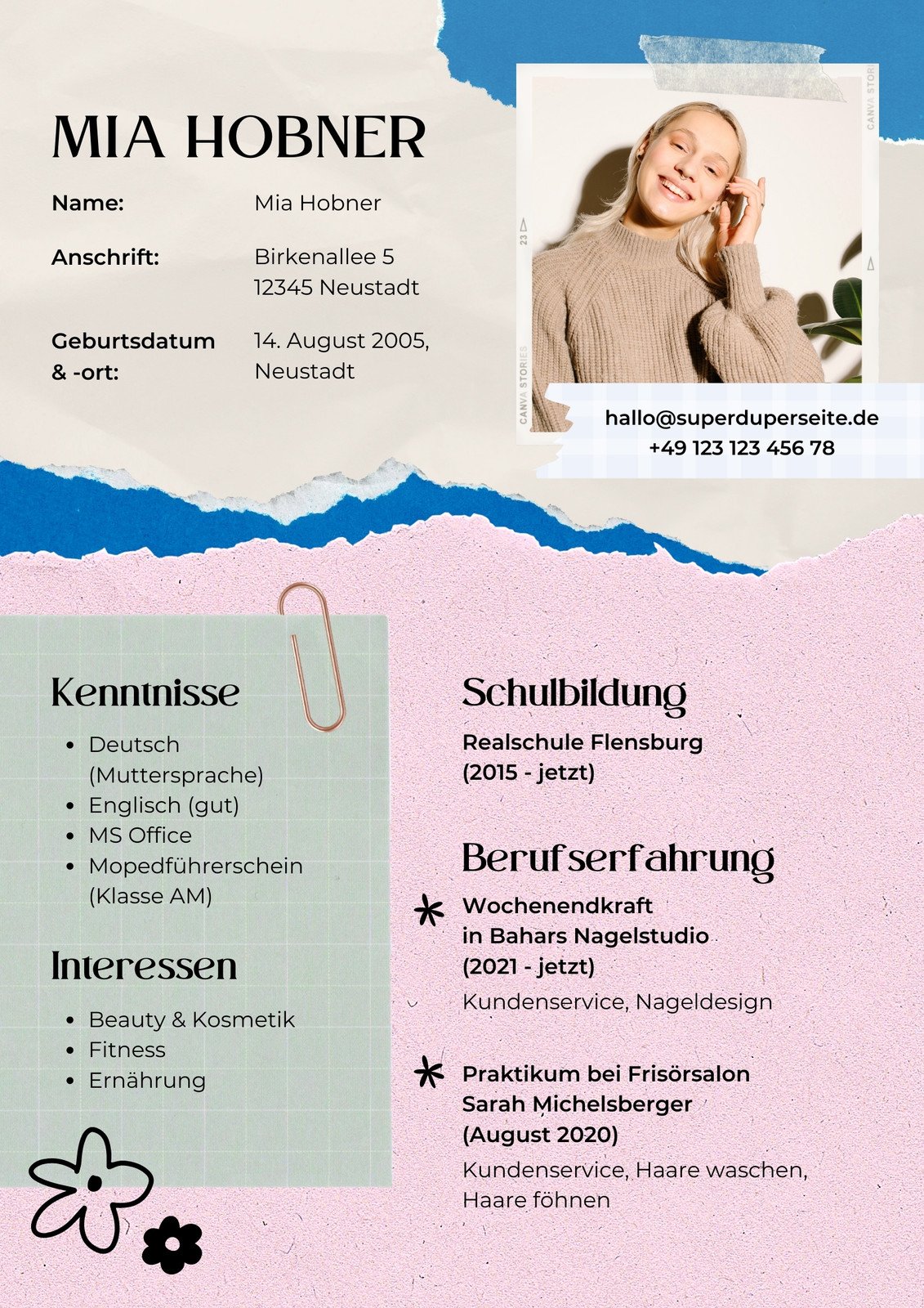 Cremefarben-hellrosa-blauer Lebenslauf mit Foto Schule Mia Hobner