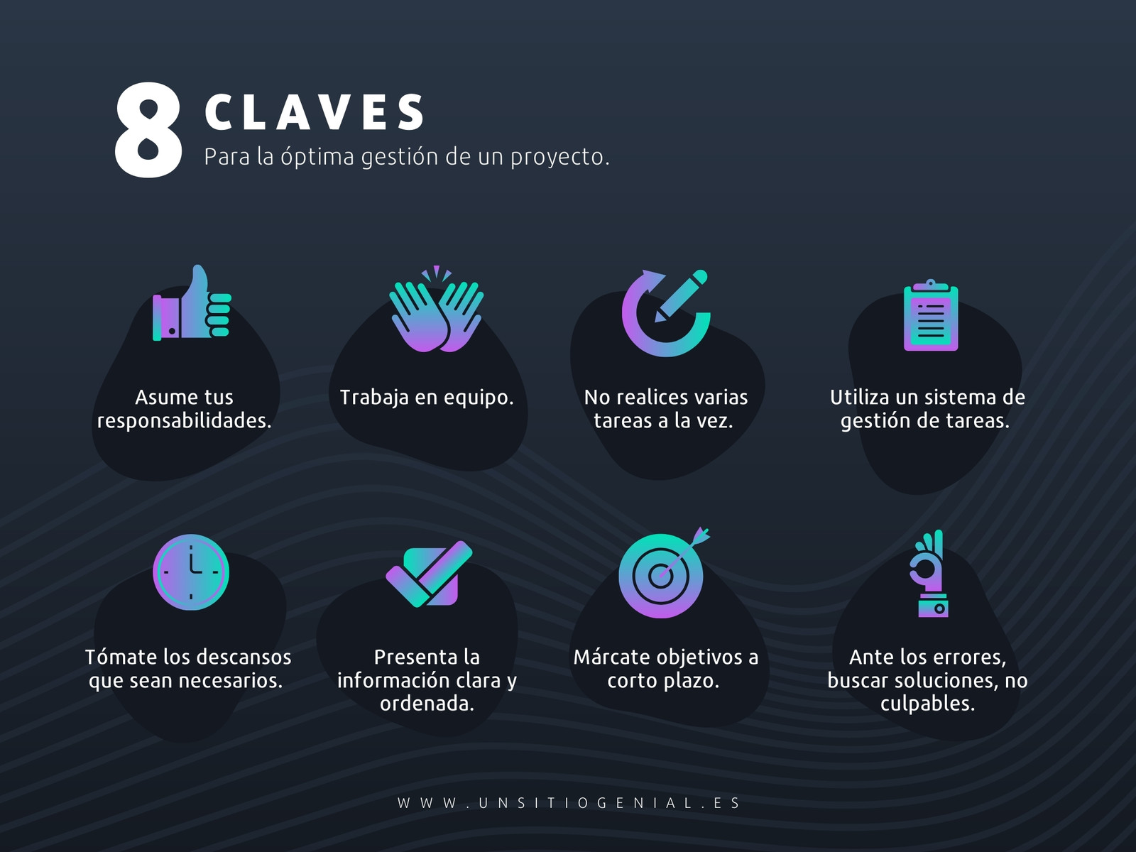 Infografía claves proyecto tecnológico profesional iconos turquesa fondo gris oscuro
