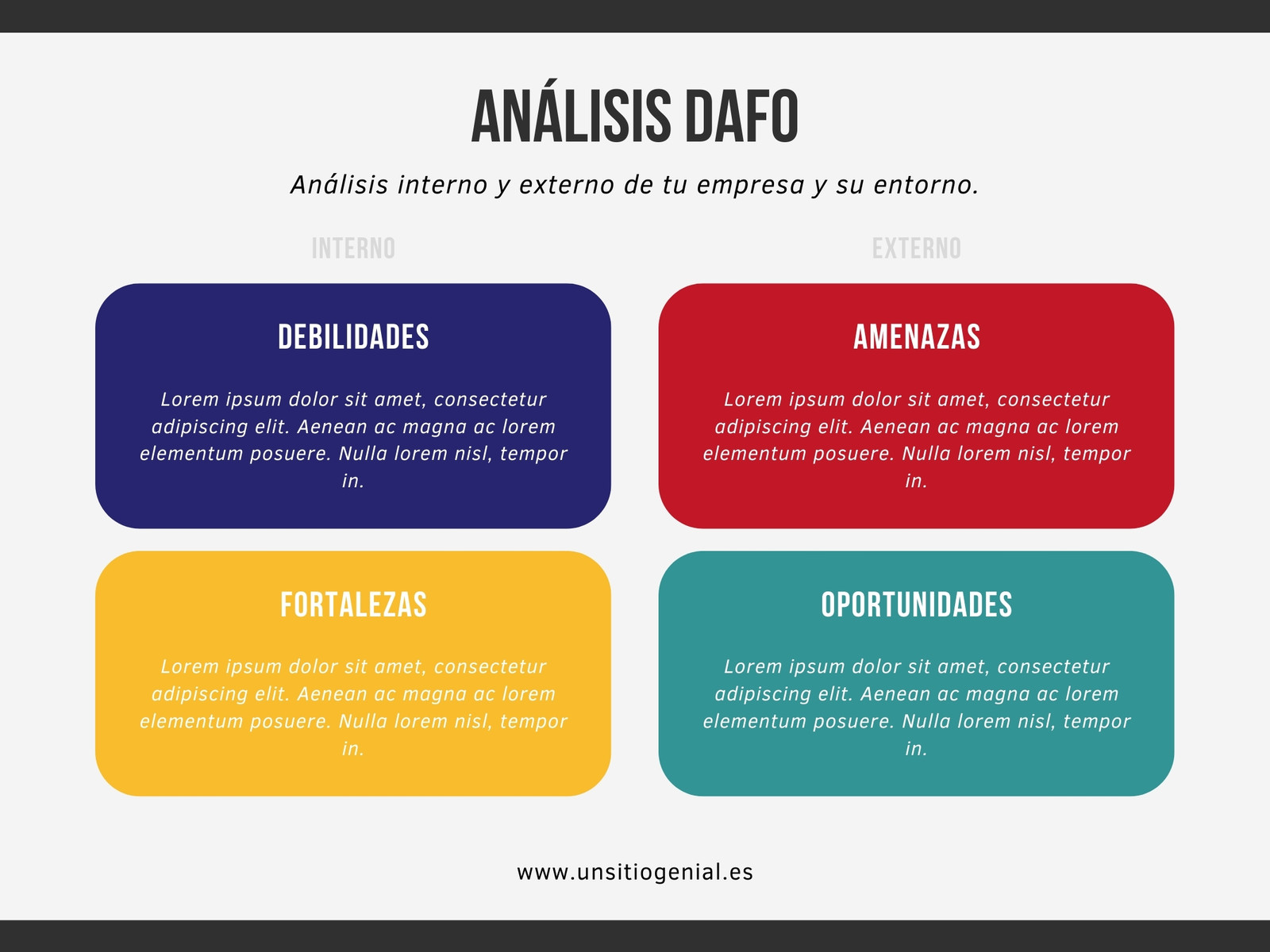 Gráfico Análisis DAFO Corporativo Moderno y Profesional Multicolor Blanco Negro Azul Rojo y Amarillo